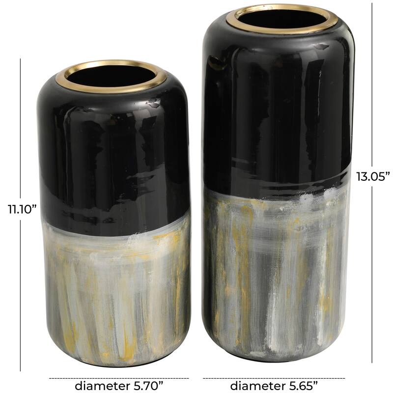 Silver Metal Colorblock Abstract Decorative Vase with Paint Streak Designs and Gold Accents (Set of 2) - 13, 11"H