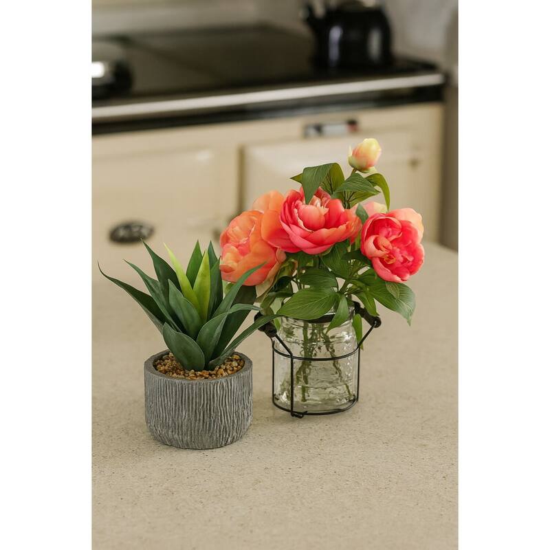 HomeStock Pink Peonies in Glass Jar with Metal Handle - Romantic Artificial Flowers for Elegant Touch - 13.5
