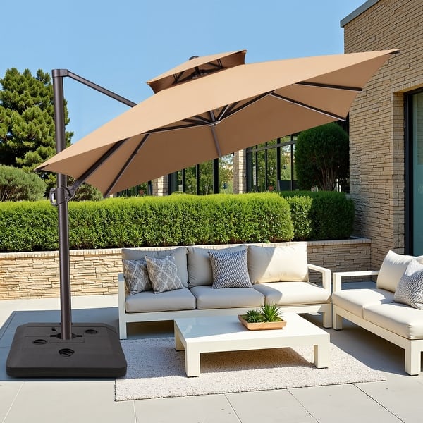 double umbrella patio 15 ft Outdoor Double-Sided Patio Umbrella with 48 Solar LED Lights and Umbrella Base Orange