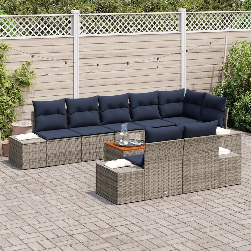 vidaXL 9 Garden Sofa Set with Cushions Black/Grey Poly Rattan - 125.6 x 60.6 x 27.2