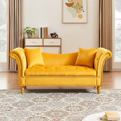 Modern Velvet Upholstered Sofa Stool with Solid Wood Feet