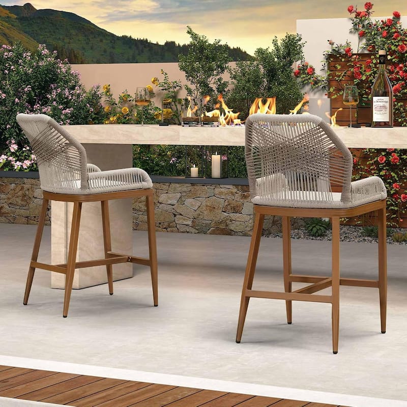PURPLE LEAF Outdoor Bar Stools Chair Set of 2, All Weather Rattan and Aluminum Patio Bar Stool with Cushion