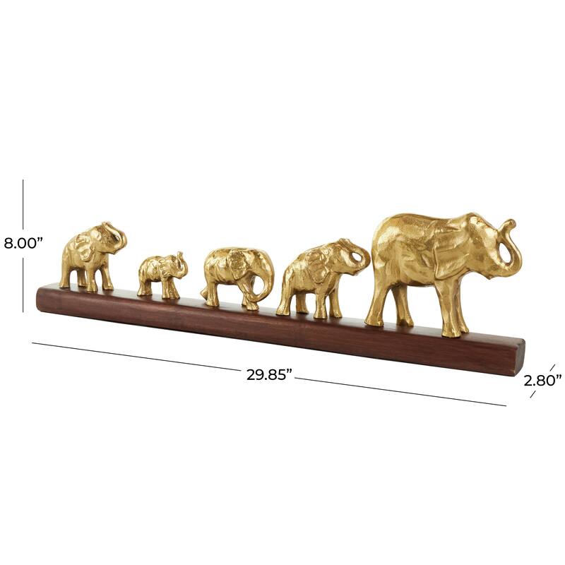 Gold Aluminum Metal Elephant Sculpture with Brown Wooden Base