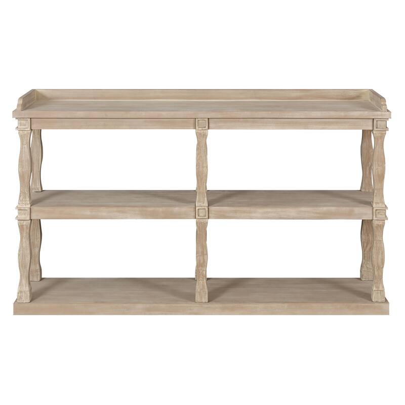 60" Console Table with 3-Tier Open Storage Shelves and Roman Column Support, Elegant Narrow Table for Entryway
