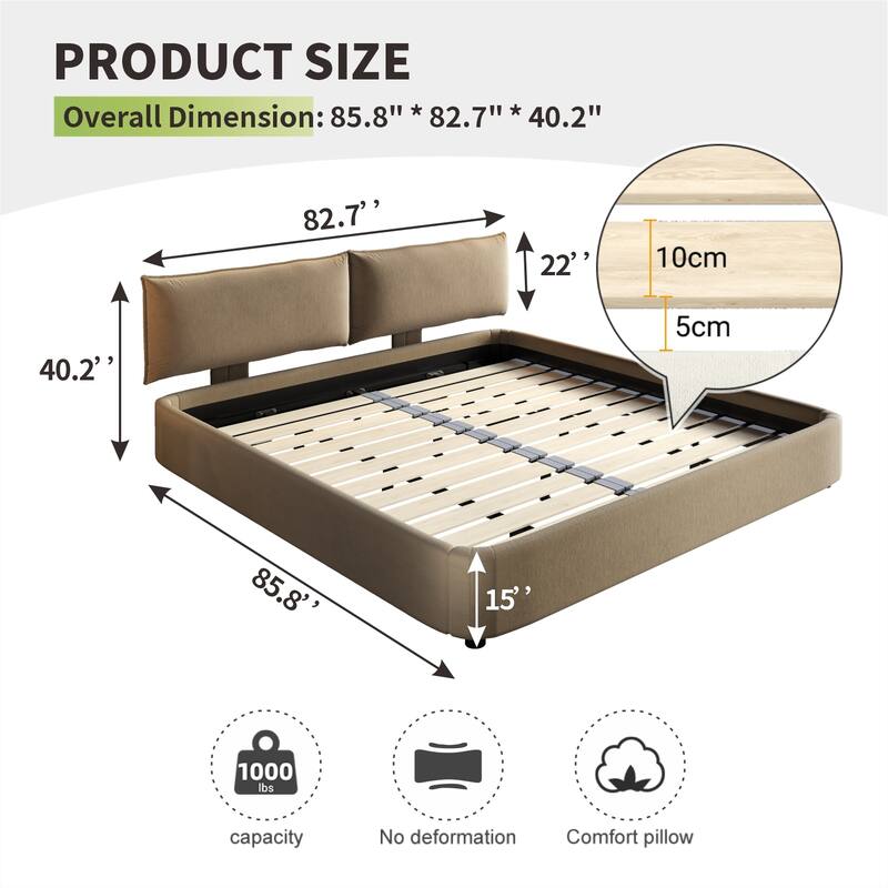 King Size Cloud Bed Frame with Oversized Movable Headboard, Chenille Upholstered Platform Bed with Metal & Wood Support