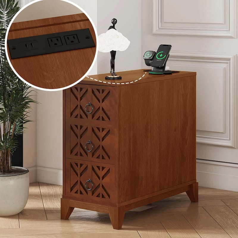 Corner End Table, Drawers & Shelves