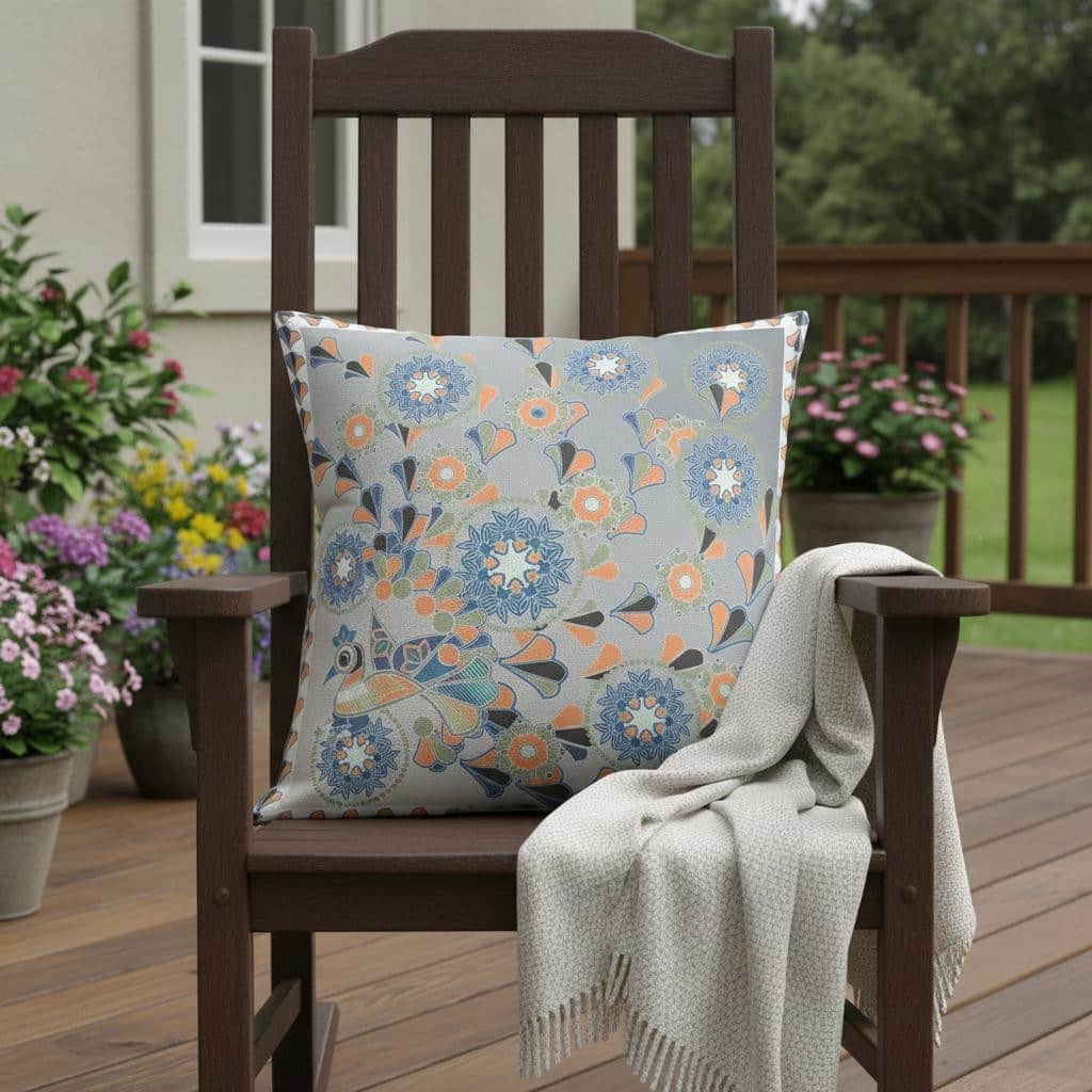 HomeRoots 16" x 16" Gray and White Peacock Blown Seam Floral Indoor Outdoor Throw Pillow - 16.00' X '5.00' X '16.00
