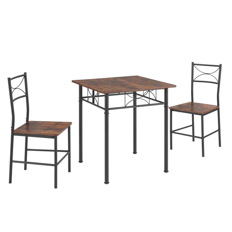 Brown 3-Piece Small Square Dining Table Set for Breakfast Nook Wood Bar Table with Chairs Set of 2 with Steel Frame