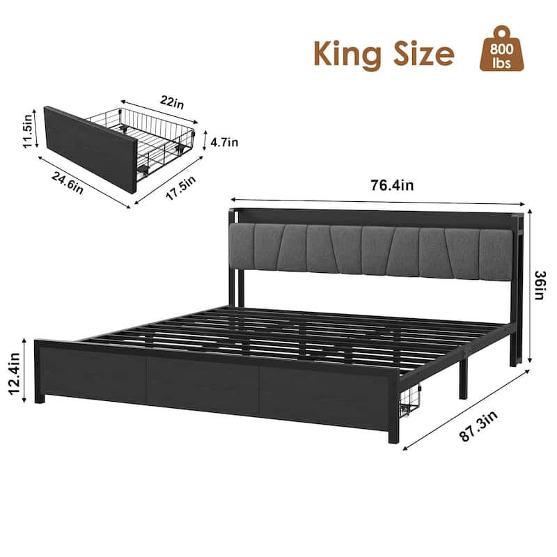Industrial Full Platform Bed, Storage Headboard/2 Large Drawers/Charging Station