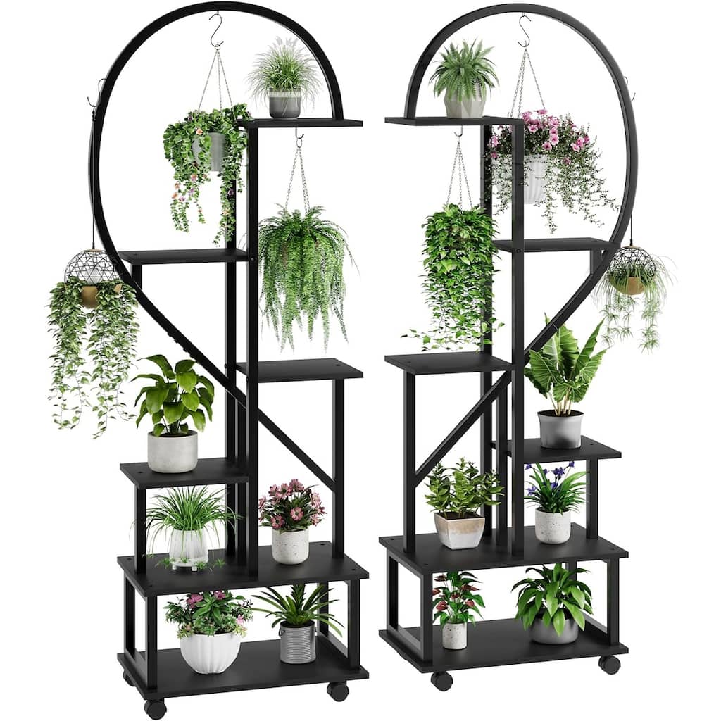 6 Tier Tall Plant Stand Metal Indoor Plant Stand with Detachable Wheels Half Heart Shape Plant Stands