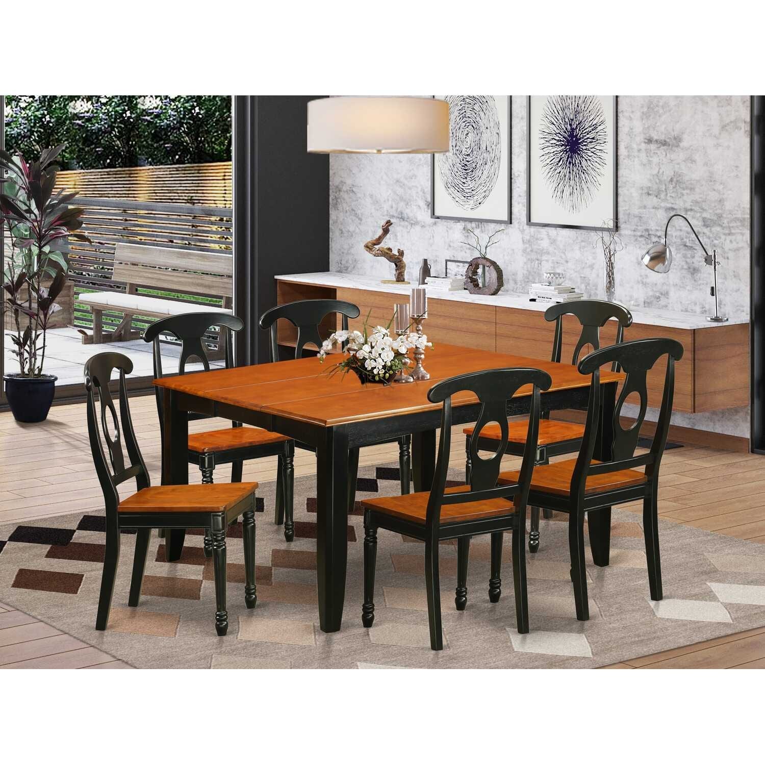 HomeStock 7-Piece Square Black & Cherry Finish Solid Wood Top Dining Table with 6-Chairs