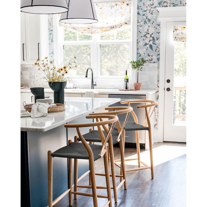 Solid Wood Countertop Height Barstool with Open Y Back Farmhouse Woven Organic Chair For Kitchen Bedroom Designer - N/A
