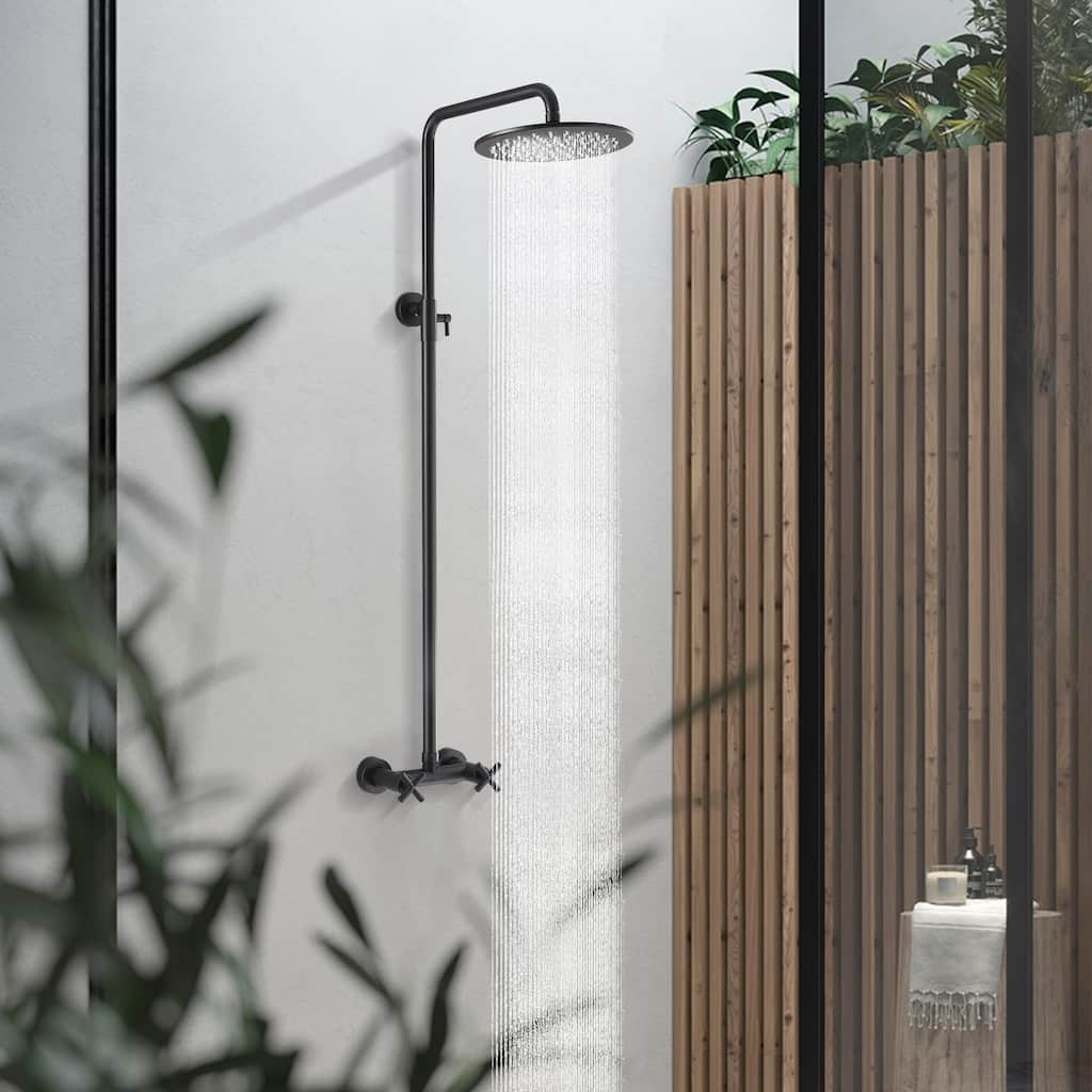 48"H Solid Brass Outdoor 10 Inch Round Rain Shower Set with Dual Cross Handle