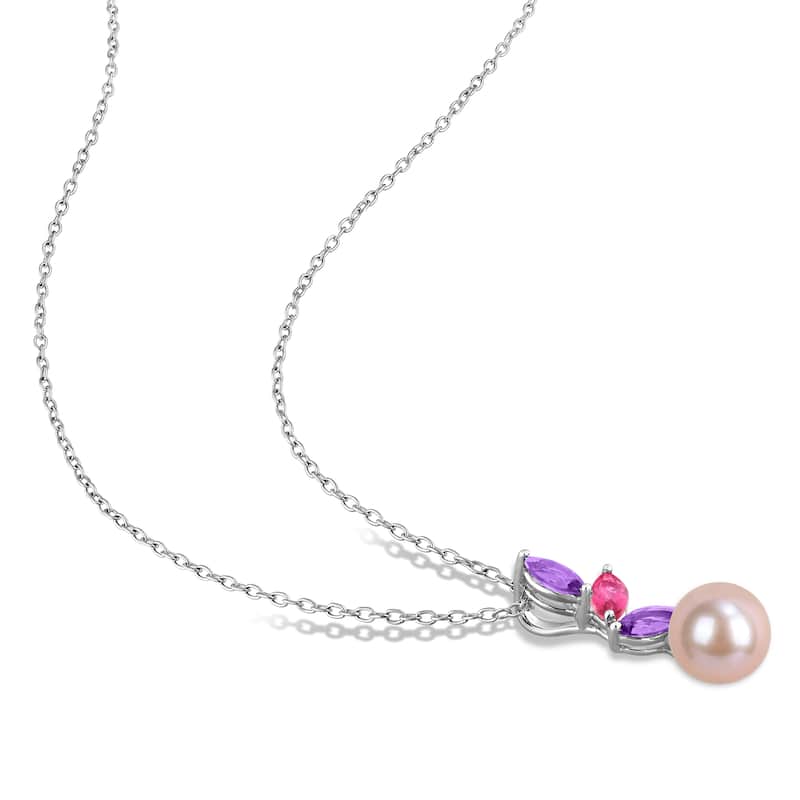 Miadora Sterling Silver Gemstone and Cultured Freshwater Pearl Necklace and Earrings Set