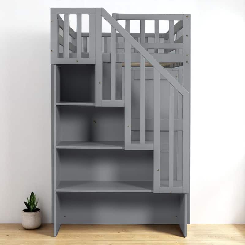 Twin/Full Size Loft Bed with Desk, Wardrobe, Drawers & Stairs, Wood Frame Study Bed with Storage for Kids/Teens