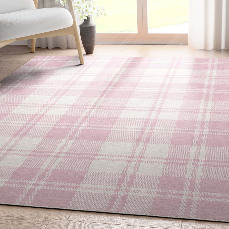 Well Woven Apollo Plaid Farmhouse Geometric FlatWeave Rug - 7' 7" x 9' 10" - Pink