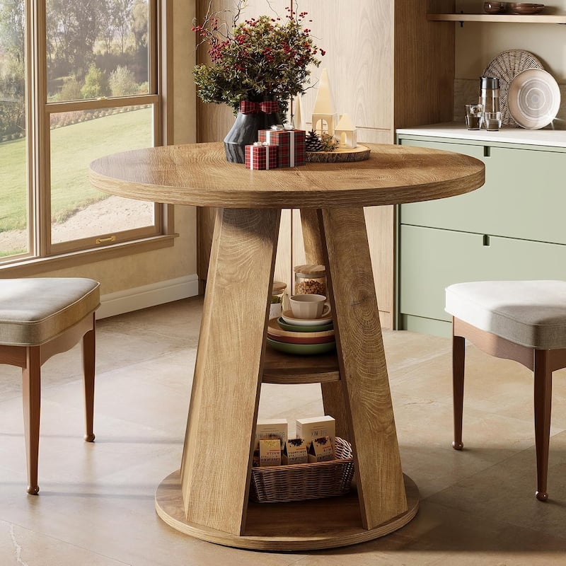 31.5" Small Round Wood Farmhouse Dining Kitchen Table with Storage Shelf - 31.5"D × 31.5"W × 29.5"H