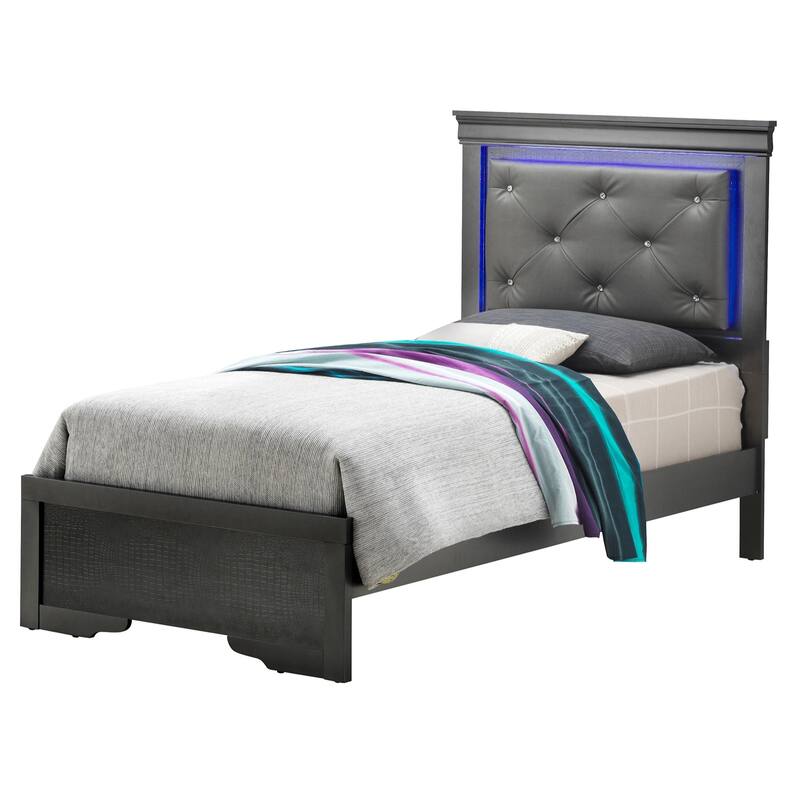 Jewel Tufted Upholstered Twin Panel Bed with LED Lights - 80" - Black