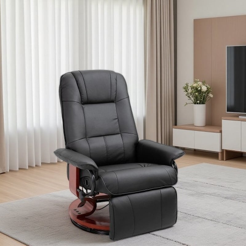 Black Faux Leather Recliner, Adjustable Swivel Lounge Chair with Footrest, Armrest, and Wrapped Wood Base for Living Room