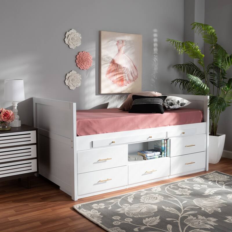 Twin Storage Bed with Desk - 5 Drawer Wood Bed Frame - White Finish - Kids Bedroom Furniture
