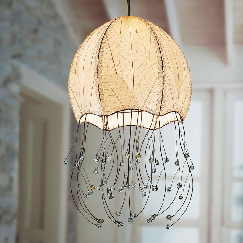 Eangee Handmade Jellyfish Pendant, Cocoa Leaves Shade, 15 x 15 x 35 in. - 15 x 15 x 35 - Natural
