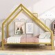 preview thumbnail 3 of 8, Gold Full Size Metal House Platform Bed with Roof and Charming Chimney