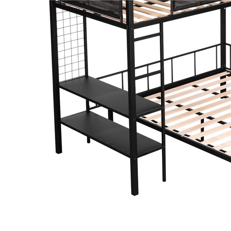 Nestfair Metal Twin over Full Bunk with Shelves & Grid Panel with Sturdy Metal Bed Frame