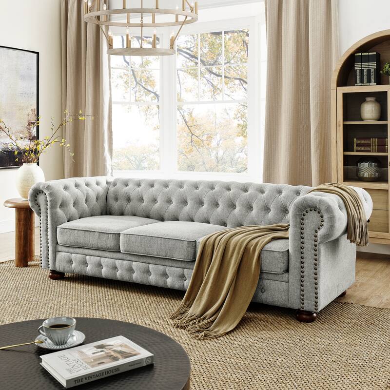 88.5" Chesterfield Sofa - Tufted PU 3-Seater with Scrolled Arms & Nailhead Trim (37"x28")