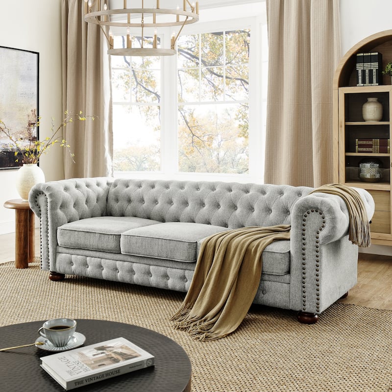 Linen Upholstered Chesterfield Sofa, Tufted 3 Seater Sofa with Nailhead Trim & Scrolled Arms, Low Back Sofa with Solid Wood Legs