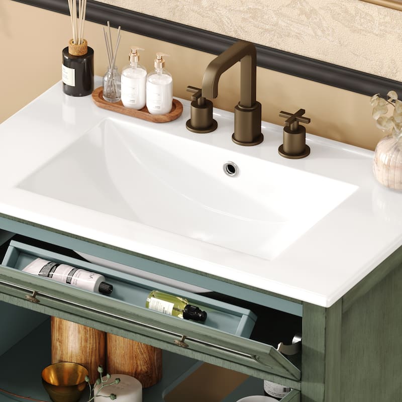 Bathroom Vanity with Ceramic Sink, Bathroom Cabinet with One Flip Drawer and Two Doors, Restroom Vanity with Adjustable Shelf