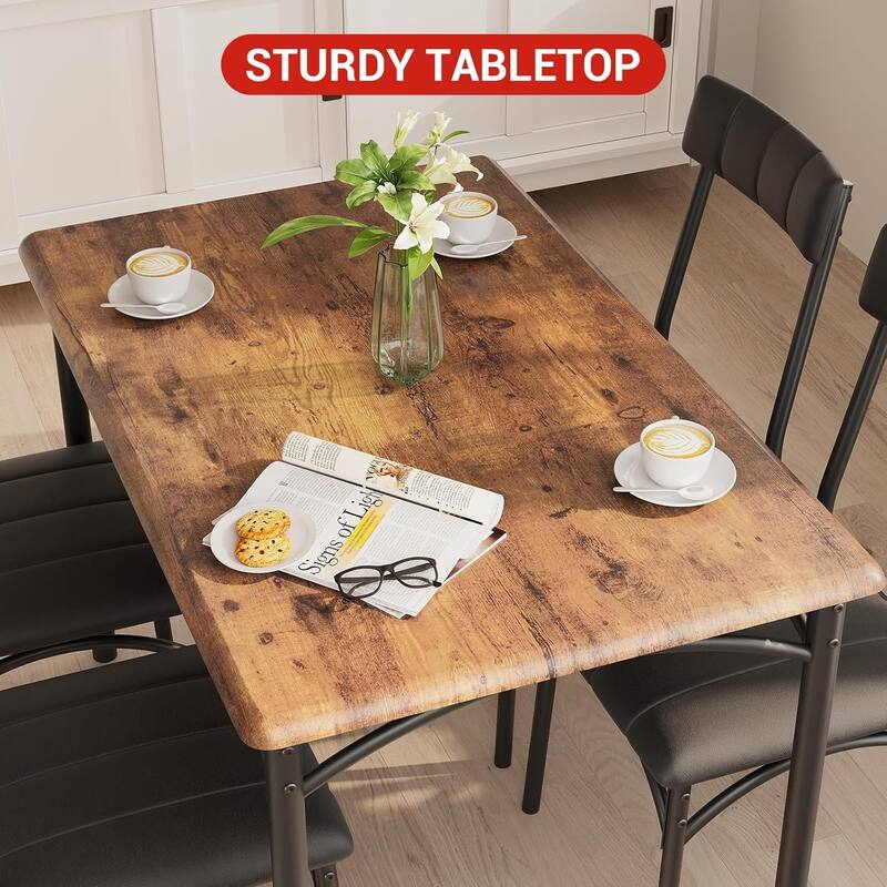 5-Piece Dining Table Set with 4 Upholstered Chairs, Metal and Wood Table for Kitchen or Apartment