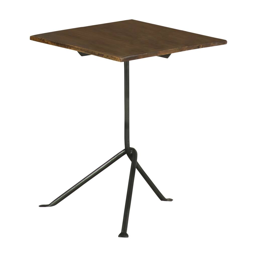 20 Inch Modern Square Accent Table, Gray Metal Tripod Base, Dark Brown Wood