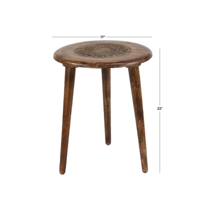Mango Wood Handmade Intricately Carved Floral Accent Table with Tripod Legs - Dark Brown, White, Brown