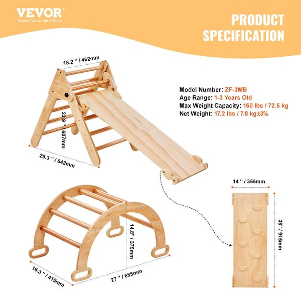 dimension image slide 3 of 4, VEVOR Pikler Triangle Set Toddler Climbing Toys Indoor Playground, Ramp, and Arch, Montessori Climbing Set