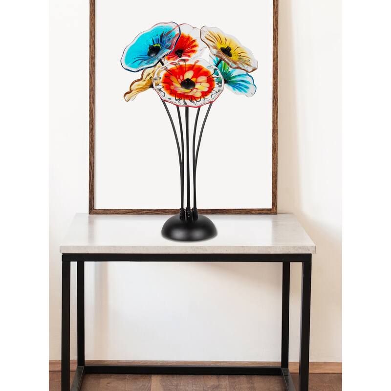 Fiore Bloom 26 IN Tall Multi-Color Art Glass 6-Plate Flower Sculpture with Metal Stand
