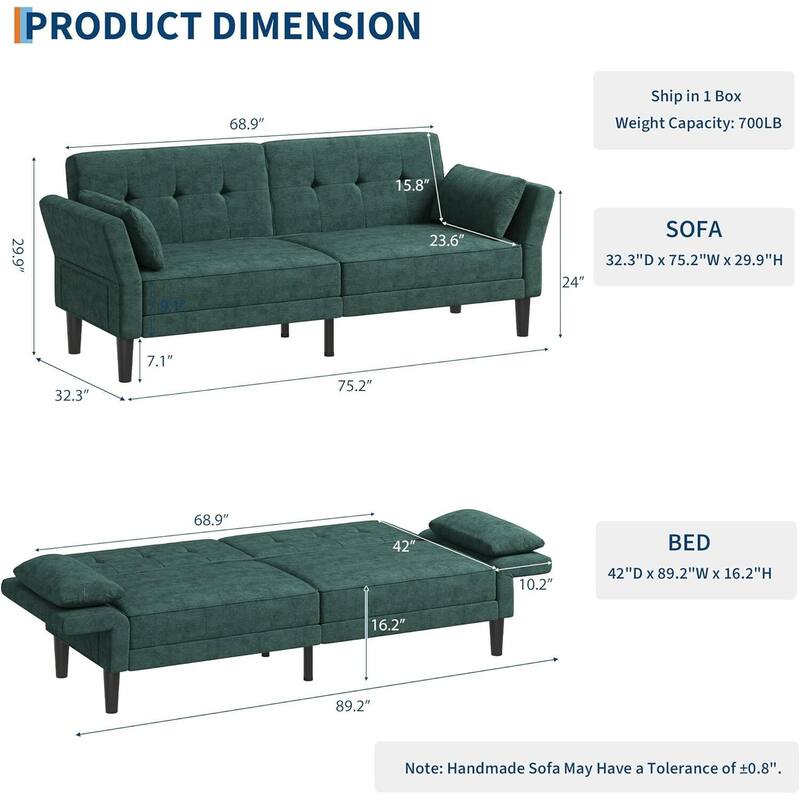 89" Futon Sofa Bed, with Adjustable Backrest & Armrest