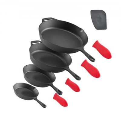 4-Piece Cast Iron Skillet Frying Pan Set with Silicone Handle Covers for Professional Home Cooking