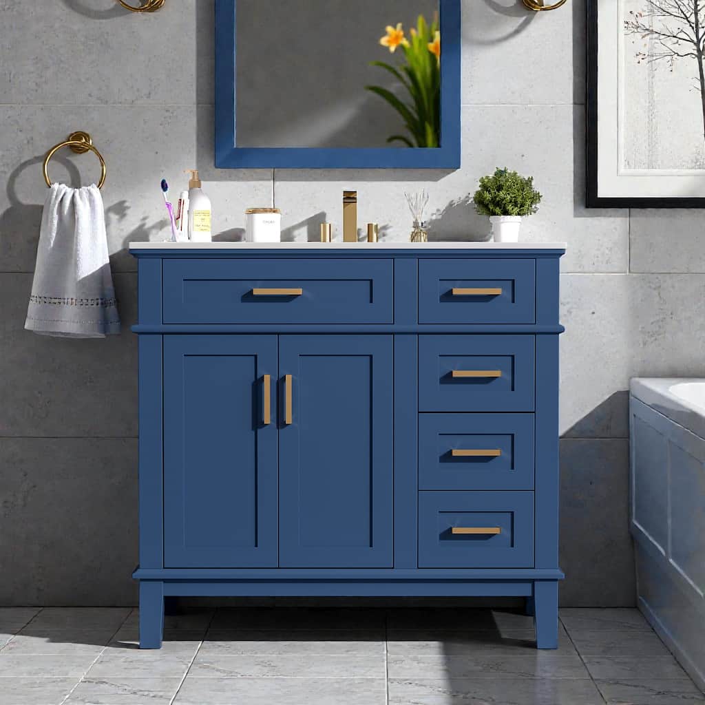 36 Inch Modern Bathroom Vanity with Ceramic Sink, Freestanding Cabinet with Soft Close Doors and 4 Drawers