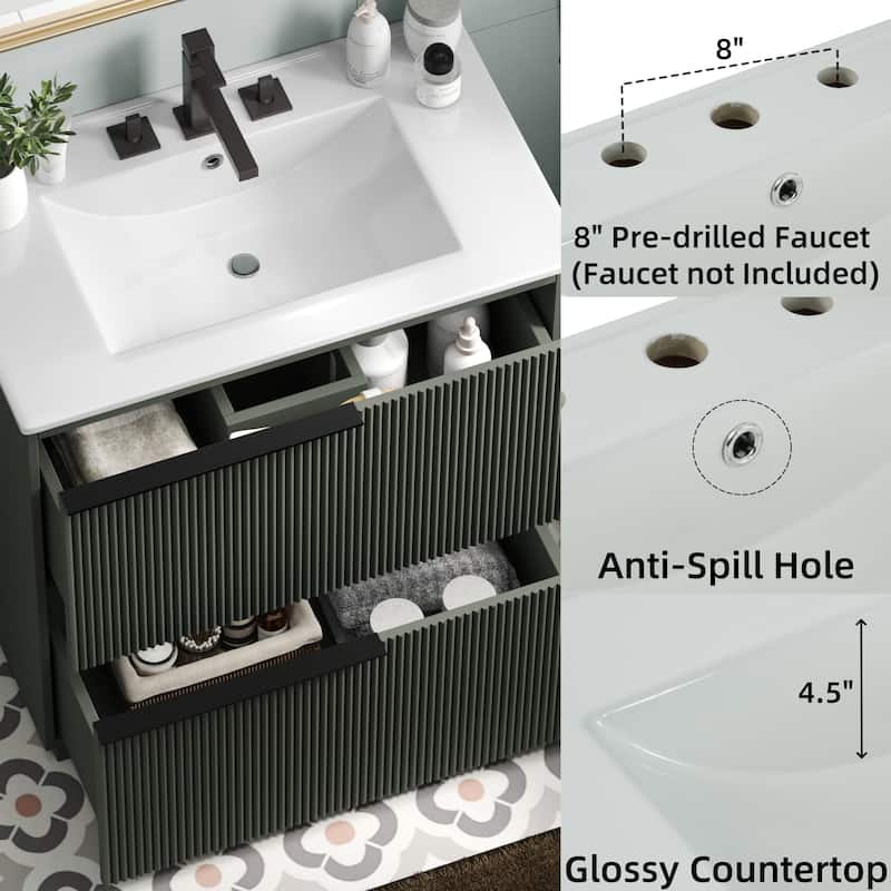 Bathroom Vanity with Ceramic Sink, Freestanding Wooden Bathroom Vanity, Bathroom Cabinet with Full-Extension Drawers