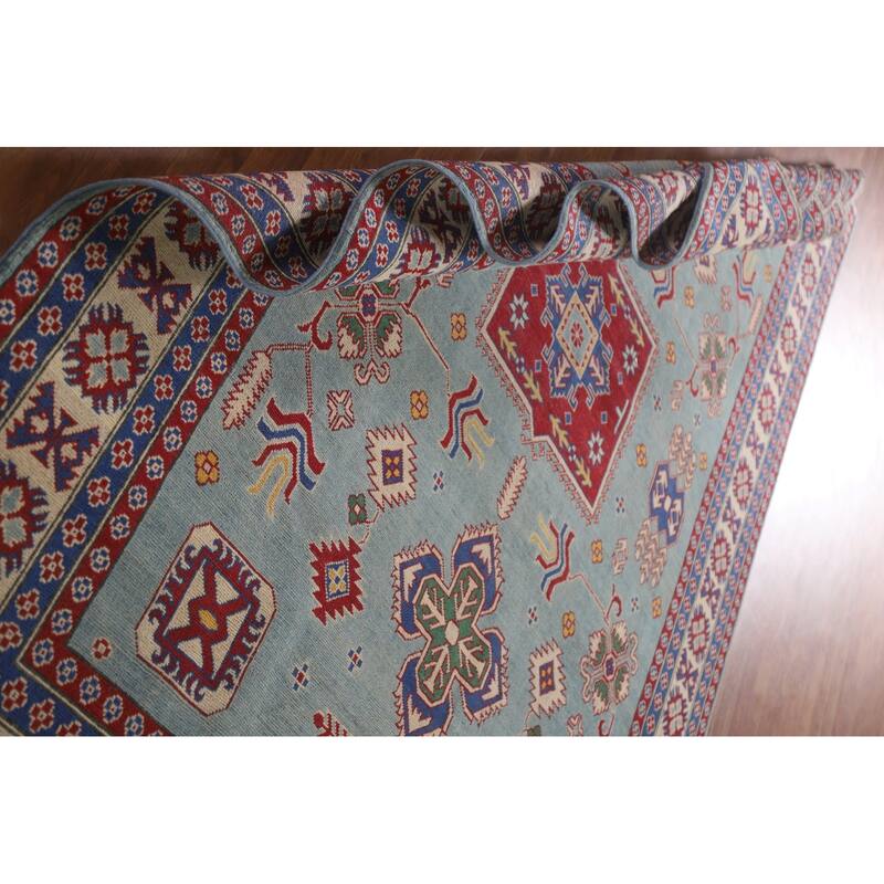 Hand Knotted Oriental 100% Wool Carpet Traditional Geometric Navy Blue & Blues Kazak Area Rug - 9' 8'' X 6' 8''