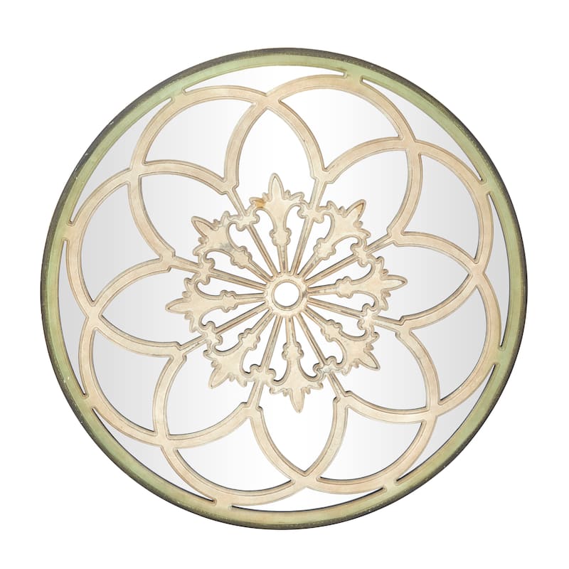 Wooden Floral Medallion Wall Mirror - Cream - Roche River Decor - 2"W x 40"L x 40"H