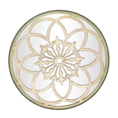 Wooden Floral Medallion Wall Mirror - Cream - Roche River Decor - 2"W x 40"L x 40"H