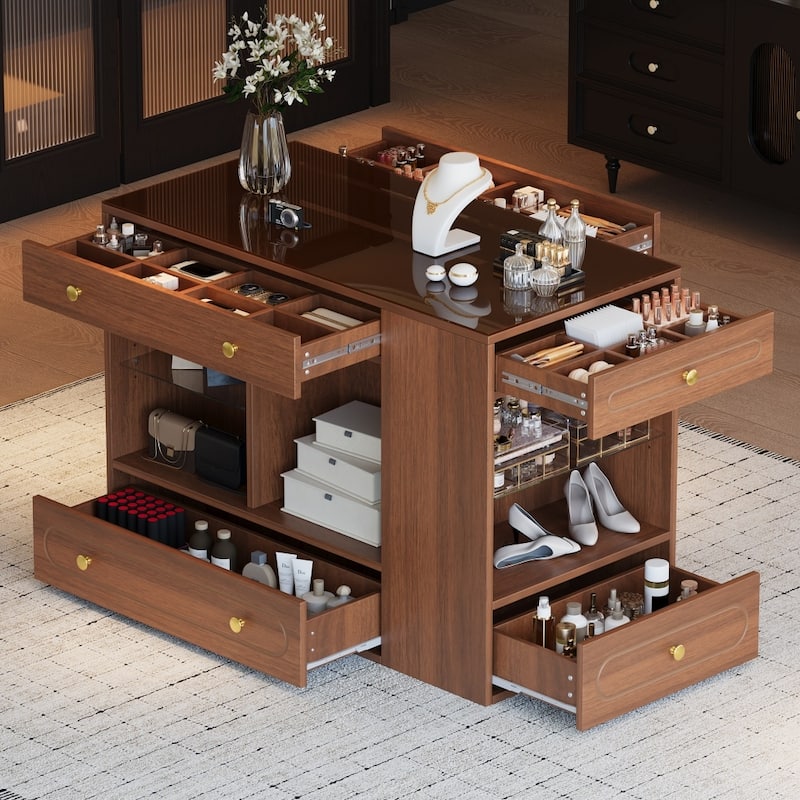 47.30" Glass-Top Closet Island Makeup Vanity with 6 Drawers and Open Shelves