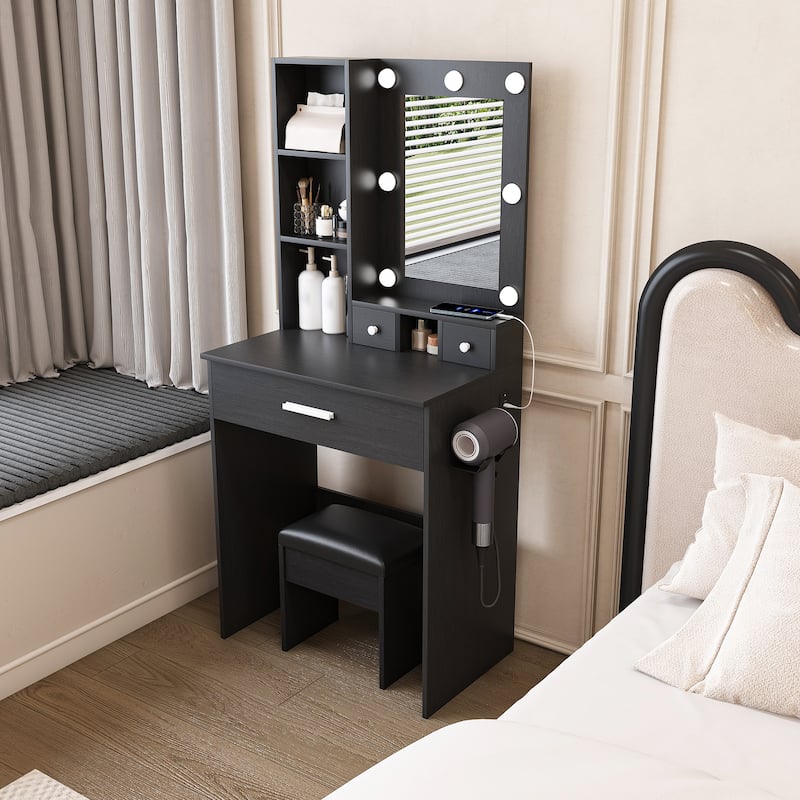 Vanity Desk with Mirror & LED Lights, Makeup Table with Power Outlet, Hairdryer Holder & Stool, Compact Dressing Table Set - Black
