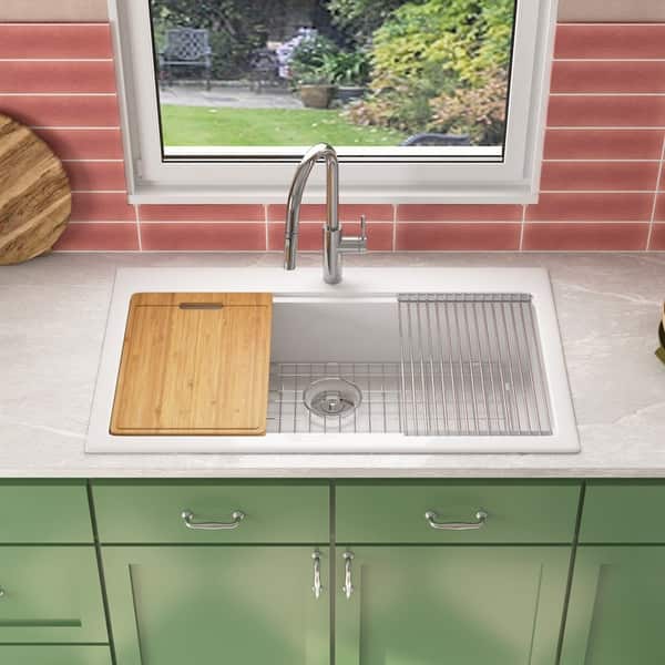 DeerValley 32x20 Fireclay Farmhouse Sink – Single Bowl Workstation With Grid & Strainer, Top/Undermount, Heat/Scratch Resistant