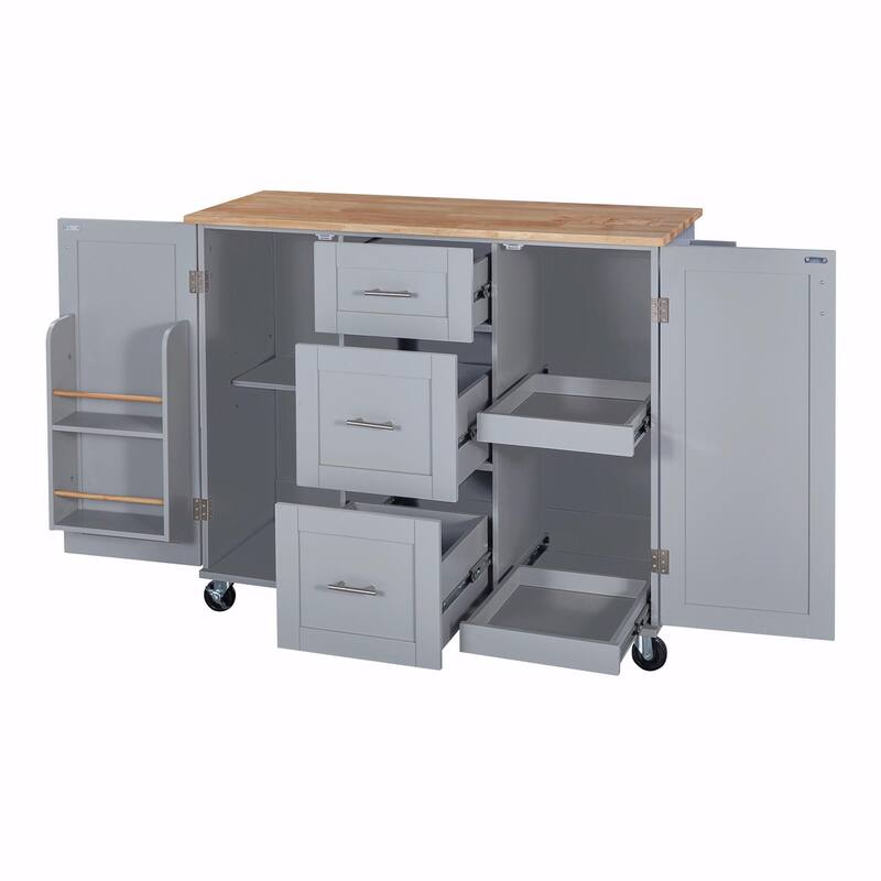Rolling Kitchen Island with Rubber Wood Top, Drawers, Shelves, Internal Storage, Wheels, Spice & Towel Racks