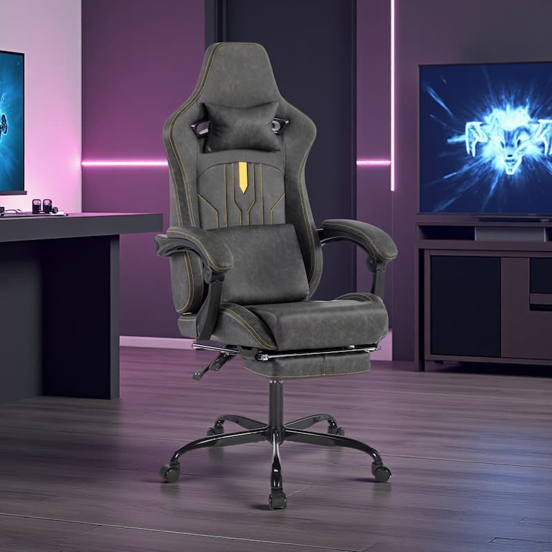 PU Leather Gaming Chair with Massage Lumbar Support, Footrest and Linkage Armrests - Grey
