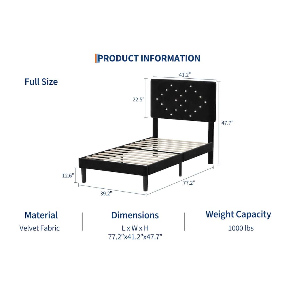 Bed Frames, Velvet Upholstered Bed Frame with Vertical Channel Tufted & Sturdy Wood Slats