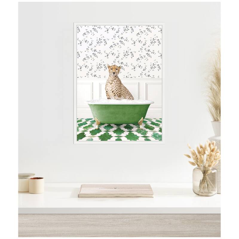 Kate and Laurel Sylvie Cheetah in Eclectic Green Bathtub Framed Canvas by Amy Peterson
