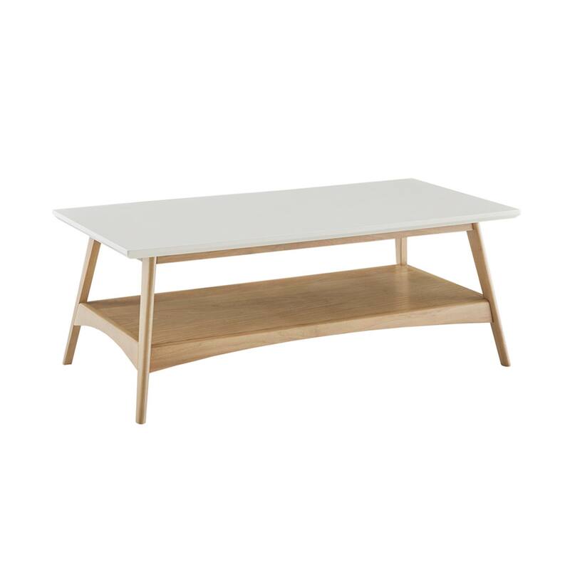 Roomfitters 48-Inch Mid-Century Coffee Table, Two-Tone Off-White Top with Lower Storage Shelf, Solid Wood Base